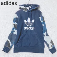 アディダス　パーカー　迷彩　プルオーバー　プリントロゴ　コットン100%  総柄　カジュアル　ネイビー配色　XSサイズ