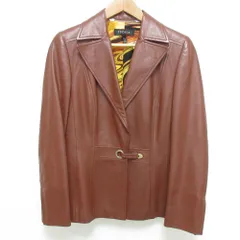 良品 ESCADA エスカーダ 裏地プリント レザー ジャケット サイズ36 ブラウン レディース 古着 中古 USEDのサムネイル