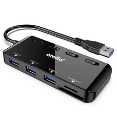 atolla USB3.0ハブ sdカードリーダー、3ポートusb hub 3.0 + SD・microSDカードリーダー、on/off電源スイッチ付き、5Gbps 高速データ転送, 軽量 コンパクト、Windows・MacOS対応