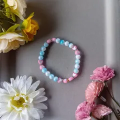 ハンドメイドビーズブレスレット／パステルブルー×ホワイト×ハート／18cm／レディース