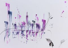 原画#337 黒猫 猫 薔薇 花 青 水彩画 ドローイング インテリア