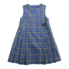 新品同様 BURBERRY LONDON バーバリー ロンドン ノースリーブ ワンピース ドレス チェック ウール レザーベルト 130A 青 ブルー キッズ 古着 中古 USED