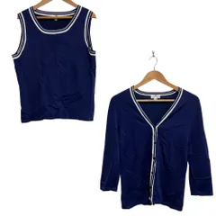 美品 Courreges クレージュ 配色ライン Vネック カーディガン タンクトップ アンサンブルニット 2点セット サイズ11R ネイビー レディース 古着 中古 USED