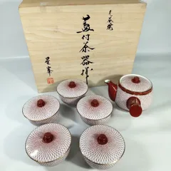 【希少】九谷焼 蓋付茶器揃 星峯窯 金縁 赤網 金彩 蓋付汲出揃 茶器 湯飲み 5客 急須 1客　計6客セット 《NO 01182》