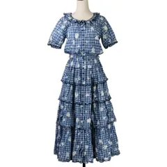 良品 PINK HOUSE ピンクハウス ピコフリル フラワープリント 段々ティアード ワンピース ブルー レディース 古着 中古 USED