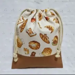 ハンドメイド、ワンちゃん、パン柄の給食袋、巾着袋、コップ入れきなり、茶色