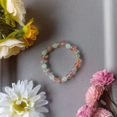 ハンドメイドビーズブレスレット／パステルグリーン×ピンク×オレンジ／16cm／レディース