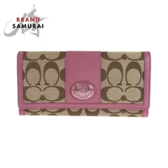 美品 COACH コーチ シグネチャー ベージュ ピンク シルバー金具 キャンバス/レザー 長財布 ロングウォレット レディース 600282【中古】