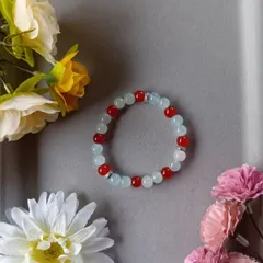 ハンドメイドビーズブレスレット／ライトブルー×レッド×シルバー／17cm／ユニセックス