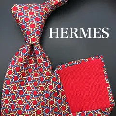 【極美品】ネクタイ　HERMES 小紋柄　上品　レッド　ブルー　イエロー　白