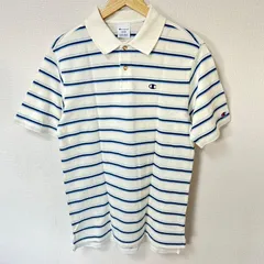 (^w^)b Champion チャンピオン 半袖ポロシャツ ボーダー柄 コットン 綿100% ロゴ刺繍 トップス アメカジ デイリー タウンユース アウトドア ホワイト 白×ブルー メンズ サイズL