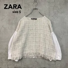 美品 ZARA ザラ 完売品 ツイード風 カットソー ブラウス プルオーバー クルーネック アイボリー チェック柄 フリンジ 切り替えデザイン 異素材 ボリュームスリーブ バルーン袖 七分袖 ドロップショルダー ショート丈 トップス カジュアル ★ ■◇