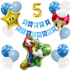 5歳用【新品】マリオとヨッシーが仲良く元気にお誕生日をお祝いセット雲 スター キノコ（17pc)バースデー ガーランド 風船ギフトお祝い 飾り こども パーティ