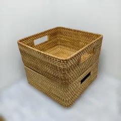 無印良品 重なるラタン角型バスケット 中 2個セット MUJI 収納かご 籐バスケット スタッキング 260213-4T