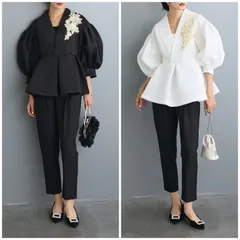 フラワーモチーフデザインペプラムジャケット+タックテーパードパンツ(2set)
