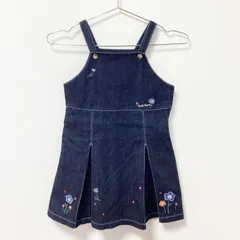 古着　美品　miki house　ミキハウス　プリーツスカート　ジャンパースカート　デニム　キッズ　120サイズ　コットン　インディゴ　ネイビー　紺　ステッチ　ボタン　花