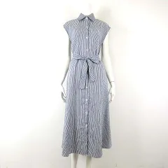 ワンピース シャツワンピース フレア ストライプ ウエストリボン フレンチスリーブ 半袖 M 白 ホワイト 紺 ネイビー