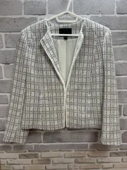 【G5-41】◇ BANANA REPUBLIC サイズ2 ノーカラーツイードジャケット　白色　黒色　チェック柄　レディース