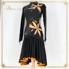 社交ダンス 衣装 ラテン ドレス ワンピース 黒 オレンジ デモ 競技 ダンス パーティ 発表会 伸縮 ストレッチ 長袖 ブラック系 オレンジ系 ドレス スタイリッシュ スポーツ パフォーマンス ブラック オレンジ デザイン 美しい Mサイズ 発表会用