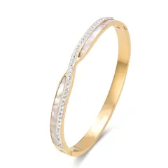 【新品】 レディース バングル ステンレス製 ＆ラインストーン シンプルデザイン プレゼント ギフト用 (Gold)