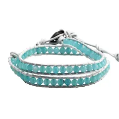 【新品】 Binich(ビニッチ) 天然石 レザー ブレスレット 2重巻き ラップブレスレット メンズ レディース アクアマリン ホワイト 0