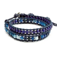 【新品】 Binich(ビニッチ) 天然石 レザー ブレスレット 2重巻き メンズ レディース ラピスラズリ/ブルーアゲート ブルー 0