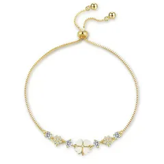 【新品】 ブレスレット レディース 白銅 猫眼石 四葉のクローバー 心形 フラワーデザイン 可調節チェーン 細見え 華奢 手元アクセント 誕生日 クリスマス ギフト (ゴールドフラワー) 1