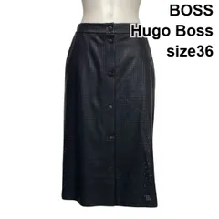 ◇ ボスヒューゴボス BOSS パンチングエコレザースカート ロング丈 Aライン フロントボタン メッシュ 黒 36 M 9号 レディース S6B238のサムネイル
