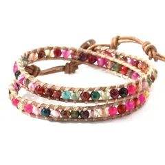 【新品】 Binich(ビニッチ) 天然石 レザー ブレスレット 2重巻き メンズ レディース カットミックスアゲート ナチュラル 0