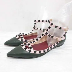 ヴァレンティノ ガラヴァーニ VALENTINO GARAVANI パンプス フラット ロックスタッズ レザー アンクルストラップ 37 24cm 深緑 グリーン ポインテッドトゥ 靴 シューズ ☆AA★