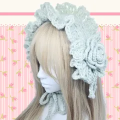 ハンドメイド　ヘッドドレス　イヤーマフ　パステル　グリーン　緑　小さめのバラ　リボン　フリル　編み物　ロリ－タ　姫系