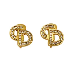 ★SALE【6jab0451-k】クリスチャンディオール イヤリング CDロゴ GPメッキ ラインストーン ゴールド【中古】レディース
