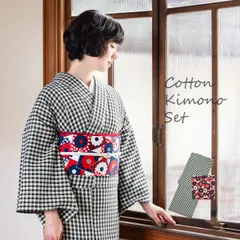 洗える着物 木綿着物と木綿名古屋帯の2点セット 「黒チェック+ネイビー×レッド レトロフラワー」 サイズ S/M/L/TL/LL KIMONOMACHI オリジナル 木綿きものセット コーディネート済み着物セット コットン着物 コットン帯 小紋 