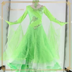 社交ダンス 衣装 スタンダードドレス ドレス ワンピース スタンダード フロート レース 蛍光 黄緑 緑 デモ 競技 ダンス パーティ 発表会 フリル レース グリーン系 おしゃれ 女性用 競技用 ドレスアップ 発表会用 蛍光カラー ステージ衣装