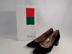 GINZA Kanematsu 銀座かねまつ パンプス スエード ダークグリーン 深緑 チャンキーヒール グリッター シルバー 銀 ブラック 黒 22㎝ 【J80】