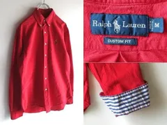 希少 90s-00sビンテージ Ralph Lauren ラルフローレン ポロポニーロゴ刺繍 襟裏/袖裏ストライプ柄 BDシャツ M レッド USA企画