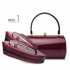 草履バッグセット 振袖用 エナメル エンジ×黒 3枚芯 フリーサイズ w42-1