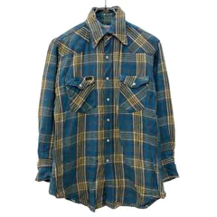 70～80s USA製 Wrangler 長袖 フランネルシャツ M ブルー ラングラー スナップボタン 襟芯 ウエスタンシャツ 胸ポケット 春秋物 a802-5455