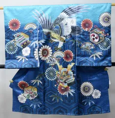 お宮参り 産着 男児 男の子 のしめ 合繊 金刺繍 綸子地 豪華絢爛 エメラルド×紺色 鷹 祝着 一つ身 掛け着 NO43114