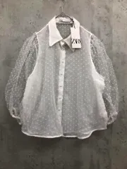 新品 ZARA ザラ 7759/537/250 オーガンジー ドット パフスリーブ ブラウス シャツ sizeXL/白 ■■ レディース