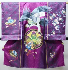 お宮参り 産着 男児 男の子 のしめ 合繊 金刺繍 綸子地 豪華絢爛 紫色 鷹 祝着 一つ身 掛け着 熨斗目 NO43112