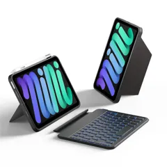 対応iPad mini 7/6 キーボード、取り外し可能なキーボード、156°調整可能なサポートバックパネル、正確な全面保護のiPad mini 7/6ケース、11個のショートカットキー、7色のバックライト、シリコンPU、多機能、英語配列、Bluetooth