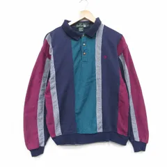 L/古着 長袖 スウェット メンズ 90年代 90s マルチカラー 襟付き 紺他 25dec23
