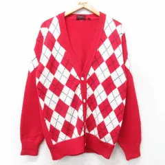 M/古着 ラルフローレン チャップス 長袖 ブランド ニット カーディガン メンズ 80年代 80s アーガイル ウール 赤他 25dec23