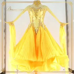 社交ダンス 衣装 スタンダードドレス ワンピース ドレス スタンダード フロート レース 黄色 フリル デモ 競技 ダンス パーティ 発表会 ボリューム dance fashion design room イエロー系 華やか ボリュームスカート 輝き 高級感