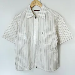 (^w^)b HUSH PUPPIES ハッシュパピー ジップアップ 半袖シャツ ストライプ柄 コットン 綿100% トップス 羽織り カジュアル デイリー タウンユース アイボリー メンズ サイズMのサムネイル