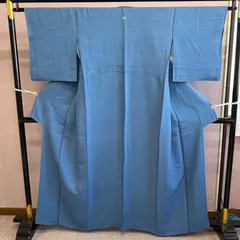 色無地　着物　単衣　一つ紋　青　芝草　リサイクル着物　I-979