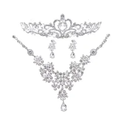 【在庫処分】髪飾り ティアラ ネックレス ヘアーアクセサリー イヤリング 3点 セット 結婚式 花冠 かんむり 花嫁 アート 結婚祝い プレゼント 贈り物 お色直し ２次会 ウェディング 結婚写真 前撮り 小物 コンクール 頭飾り