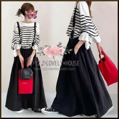 【～3L相当】2枚セット*ボーダーカットソー+ジャンパスカート