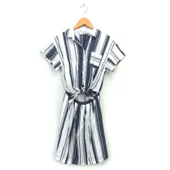 アーバンリサーチ URBAN RESEARCH セパレート風 ワンピース ストライプ フレア ひざ丈 スキッパーカラー 透け感 コットン 綿 半袖 F 紺 ネイビー /NT24